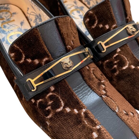GUCCI Velvet GG Logo Block Heel Brown Square Toe Mules Loafers Flats Cat \\ 37 - Picture 7 of 13